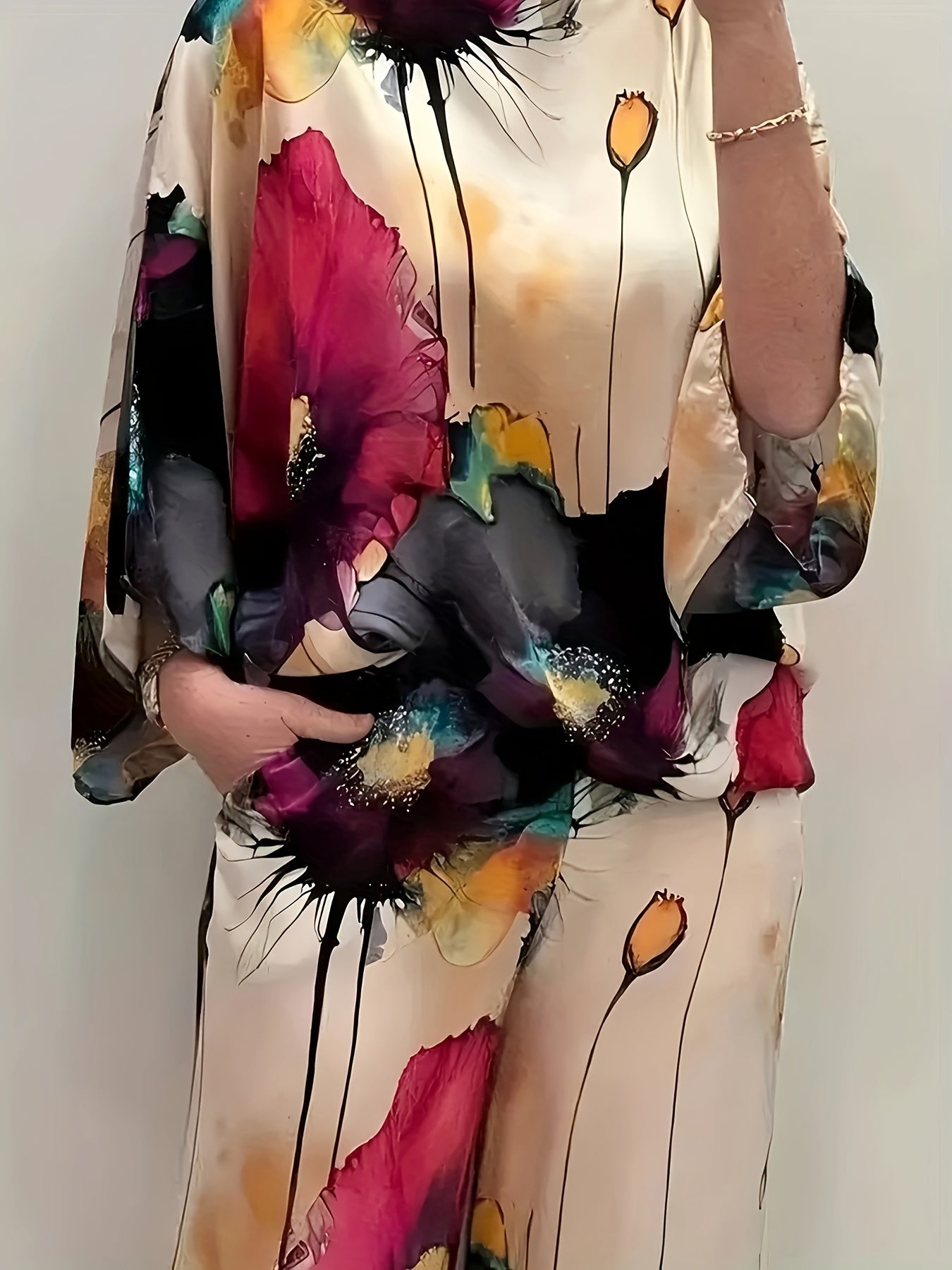 Women'S Casual Floral Printed Two-Piece Suit, Loose Pullover Top with Three Quarter Length Sleeve and Crew Neck, Breathable Polyester Blending, Machine Washable, Drawstring Pants for Spring, Summer, Autumn